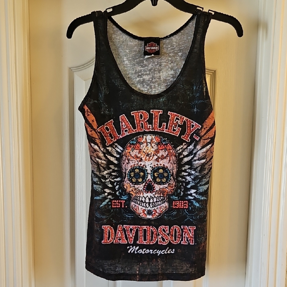Harley-Davidson Black and Orange Skull Tank Top
